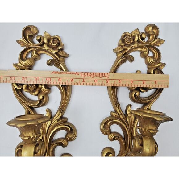 Homco Candle Holder Set Lot Hollywood Regency Gold 4118 Floral Scroll Wall Decor - Picture 5 of 6